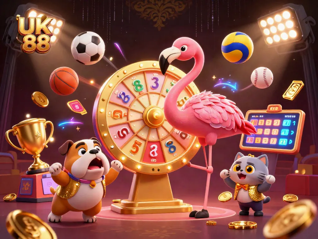 Experience thrilling gameplay with UK 88 as a flamingo host spins the prize wheel in a vibrant casino scene.
