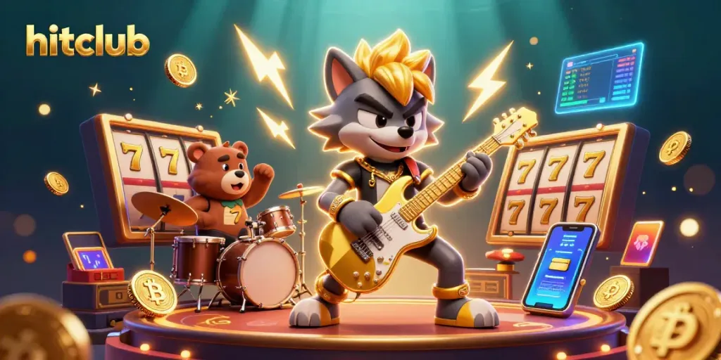 Engage in dynamic gambling action with hitclub, featuring thrilling slot reels and a rock star wolf guitarist on stage.