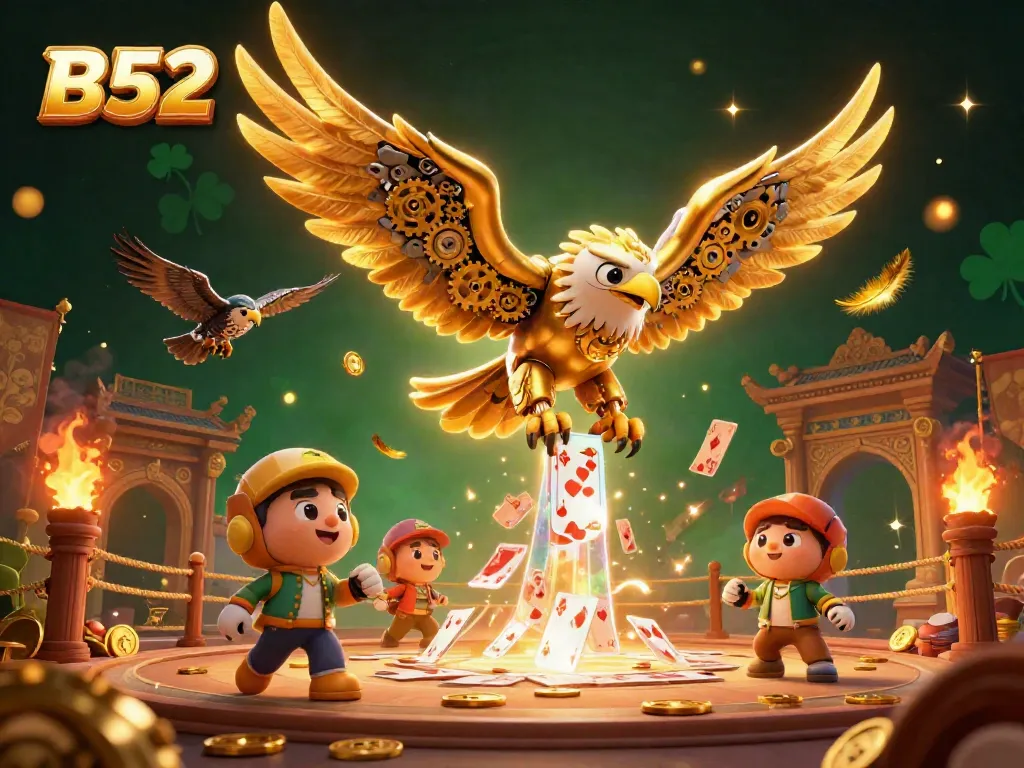 Experience the thrill of the B52 casino with a stunning 3D illustration showcasing a cybernetic eagle in a vibrant gaming arena.