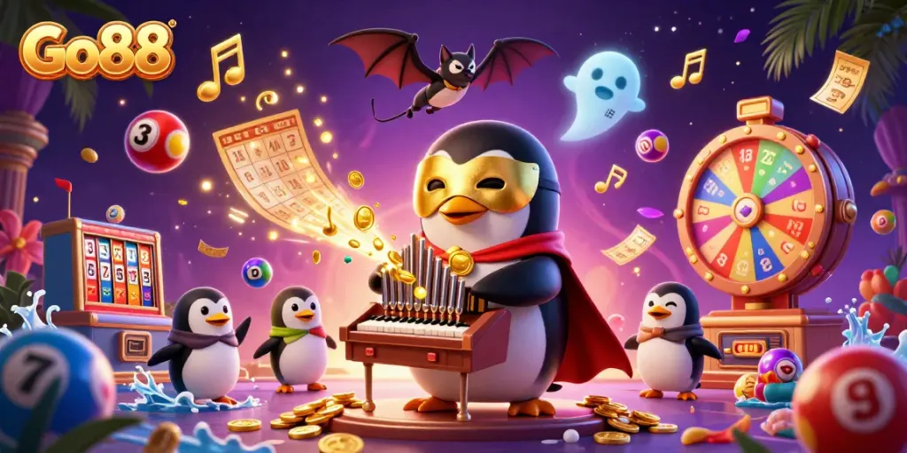 Engage with Go88 as the phantom opera penguin entertains in a vibrant casino atmosphere.