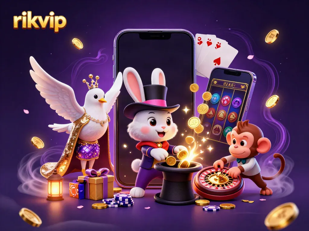 Experience the magic of rikvip as the magician rabbit conjures golden coins in this vibrant casino scene.