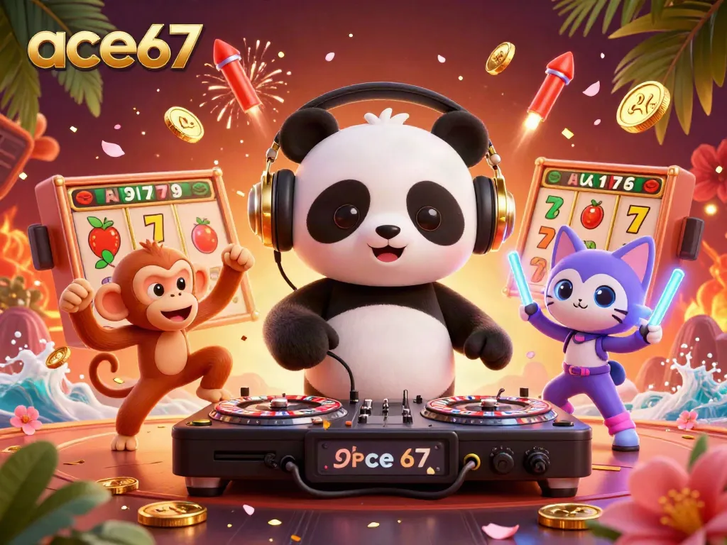 Experience the thrill of ace67 with a DJ panda, breakdancing monkey, and rave kitten in a live casino scene.