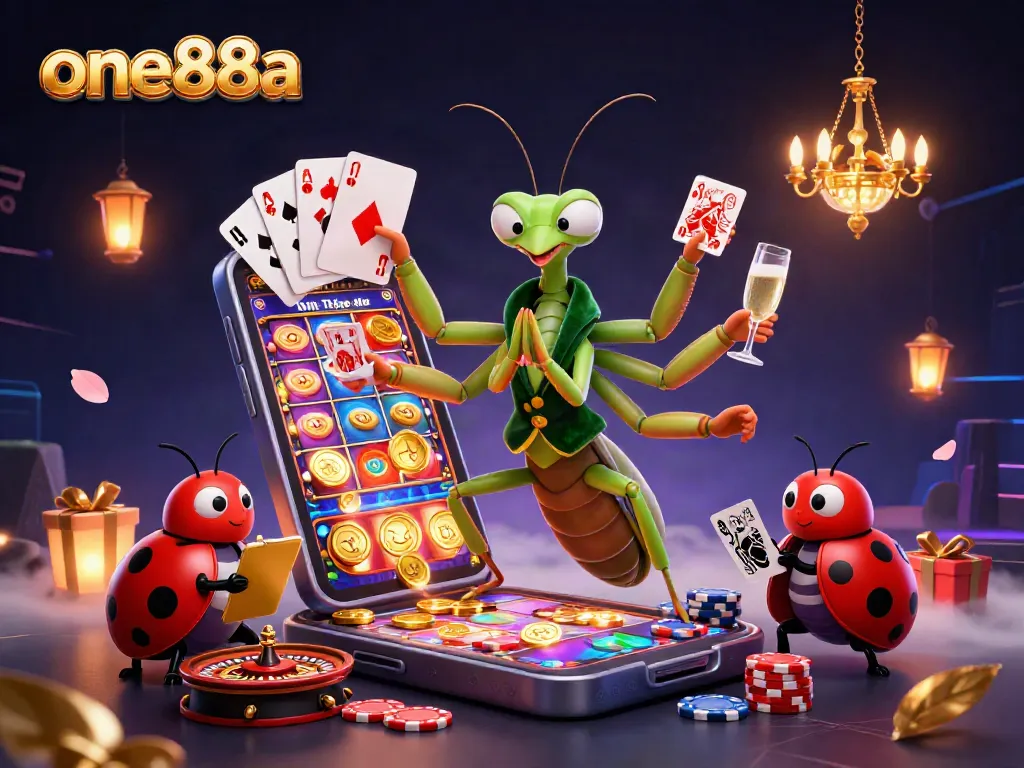 Experience one88a with a colorful slot game scene featuring dynamic gaming characters and festive casino elements.