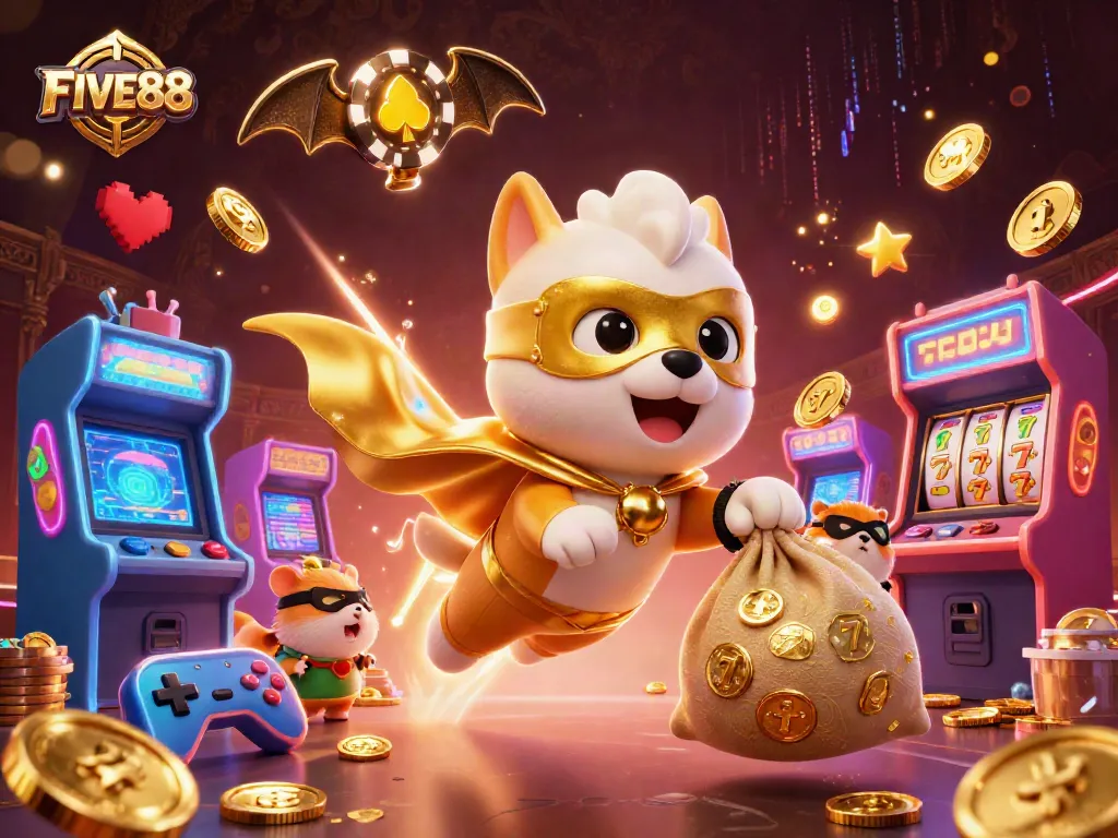 Win big with FIVE88's exciting games, featuring a superhero dog in a vibrant casino scene.