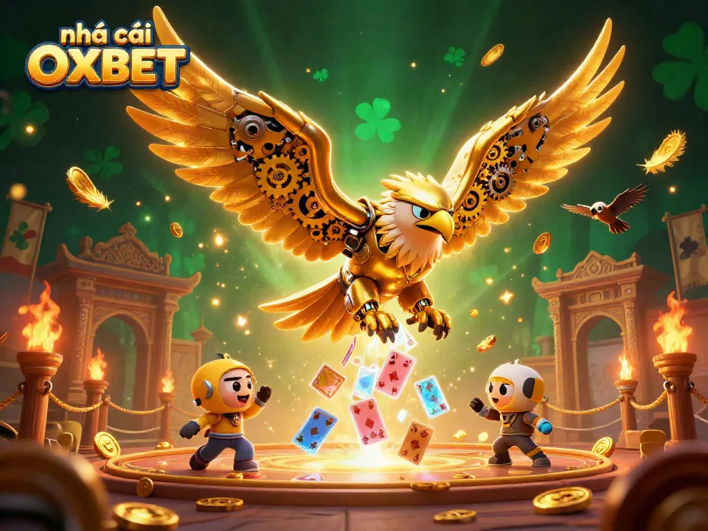 Experience the excitement of nhà cái OXBET with a dynamic illustration showcasing a cybernetic eagle amidst vibrant gambling elements.