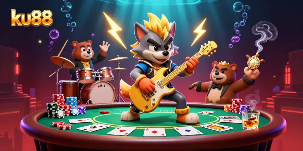 Engage in thrilling action at the ku88 casino stage with a rock star wolf and bear drummer, poker chips soaring around.
