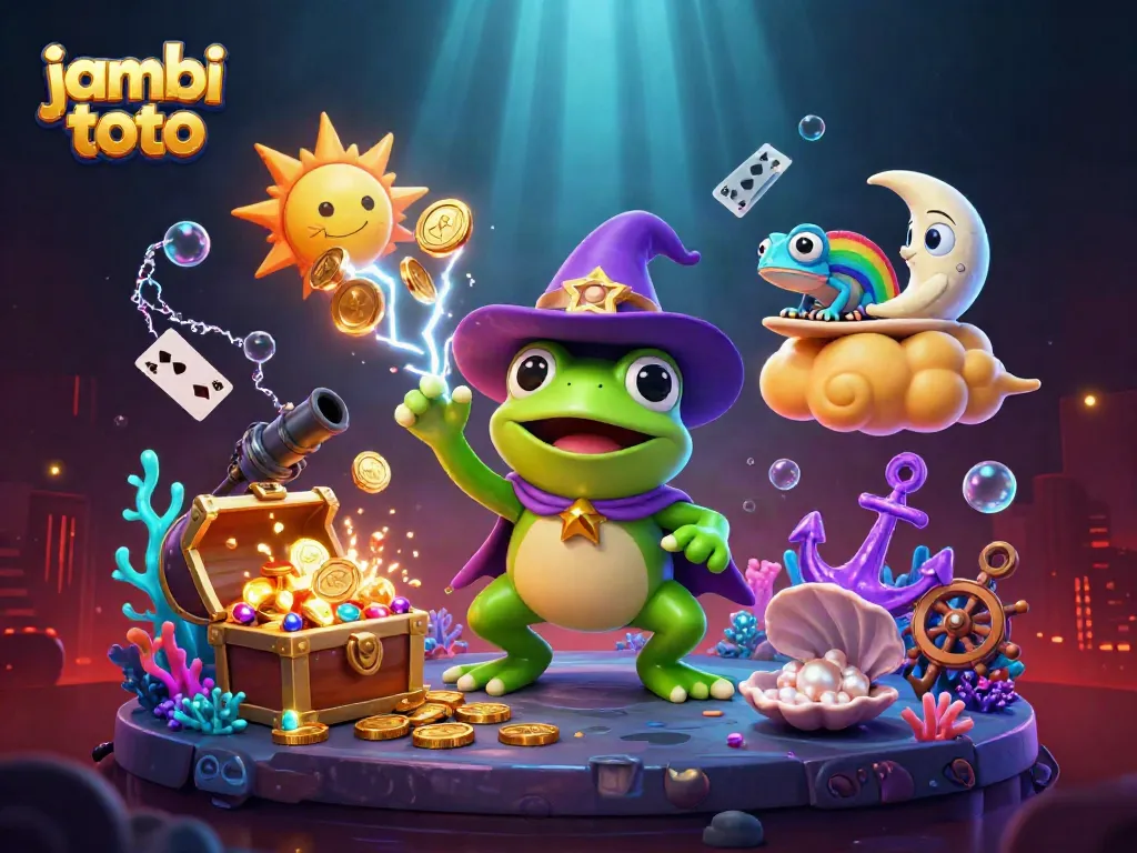 Join the action with jambi toto as a frog wizard conjures golden coins amidst vibrant characters and casino elements.