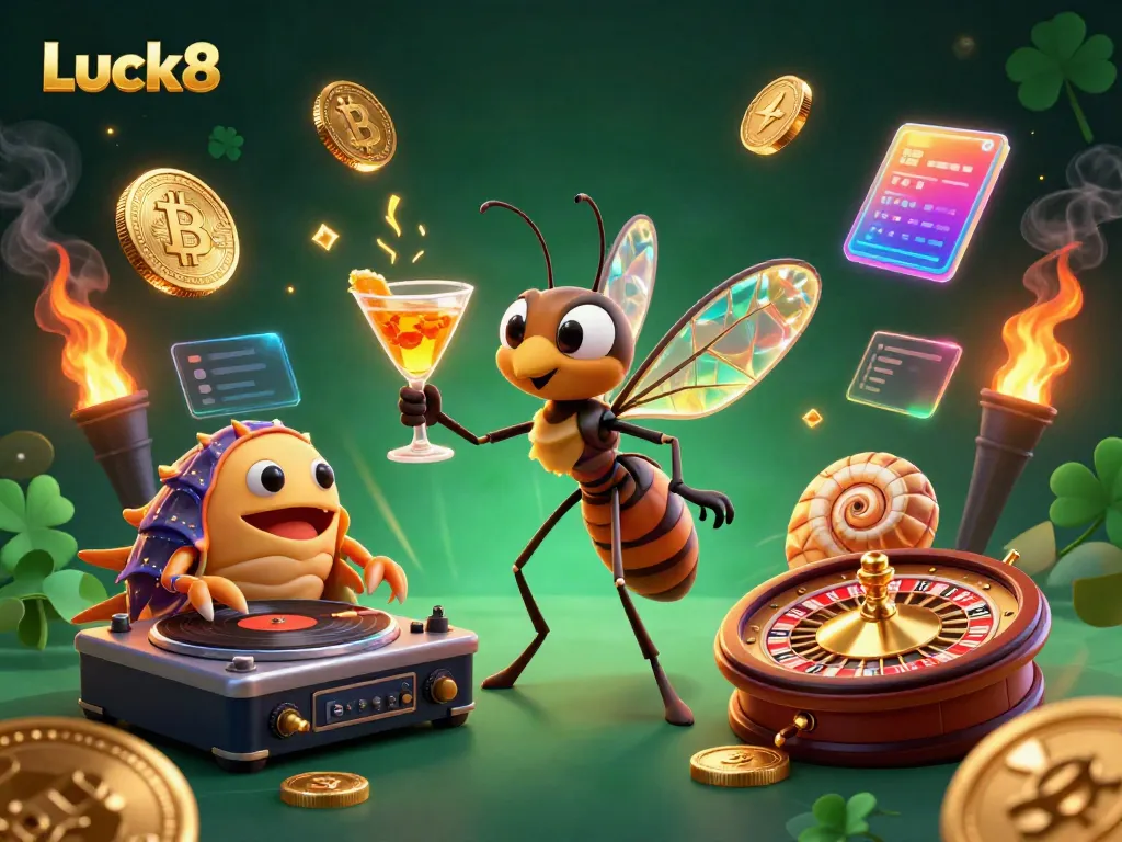 Experience the vibrant casino atmosphere at Luck8, featuring unique characters amidst dazzling visual elements.