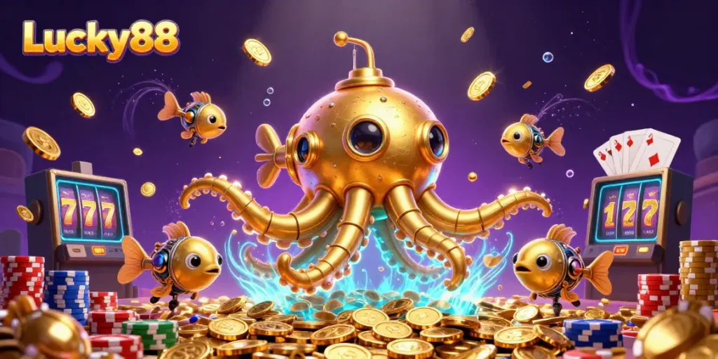 Experience the excitement of winning at Lucky88 with a vibrant 3D casino scene showcasing thrilling gaming elements.
