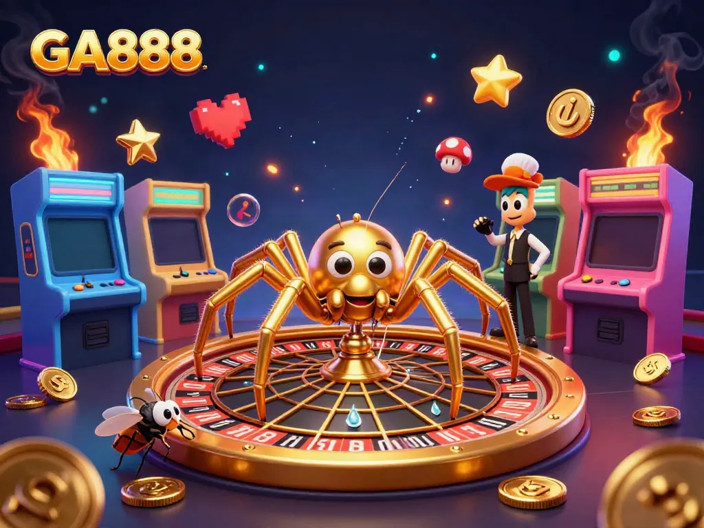 Experience thrilling betting with the golden spider and centipede croupier in GA888's vibrant casino atmosphere.