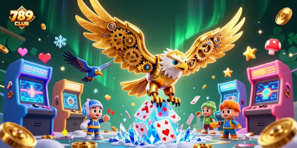 Experience thrilling gameplay with 789CLUB as the golden eagle dives through playing cards in a vibrant casino.