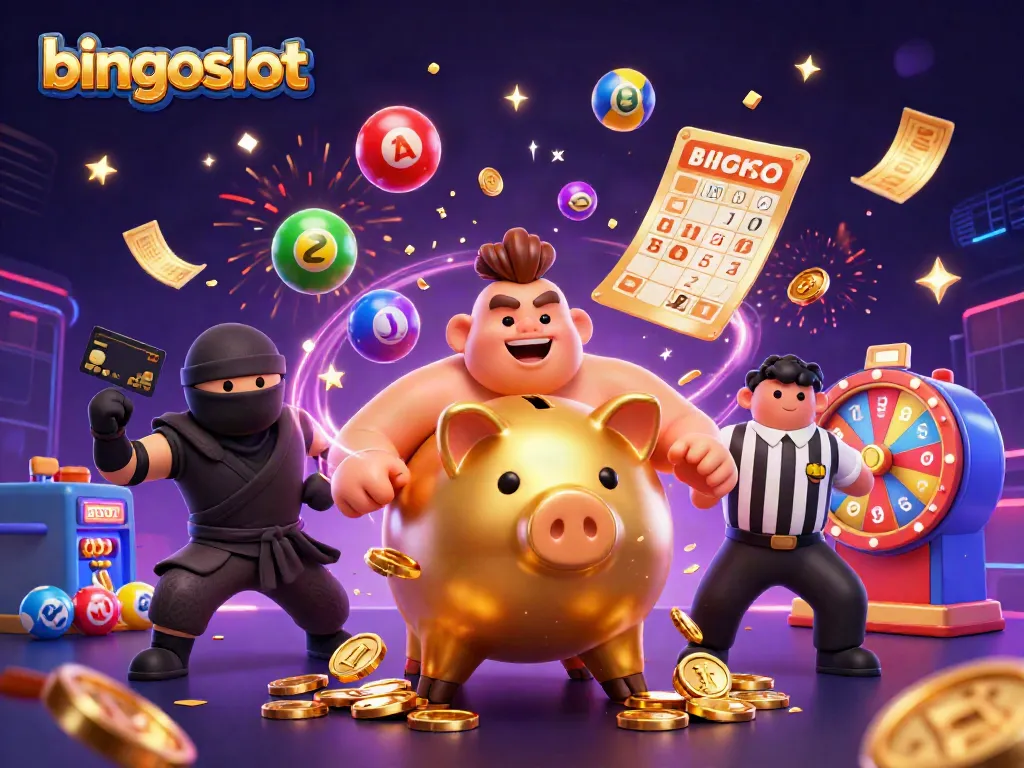 Pemain bingoslot beraksi dengan kartu bingo dan bola lotere berwarna-warni, menciptakan suasana slot yang menyenangkan.