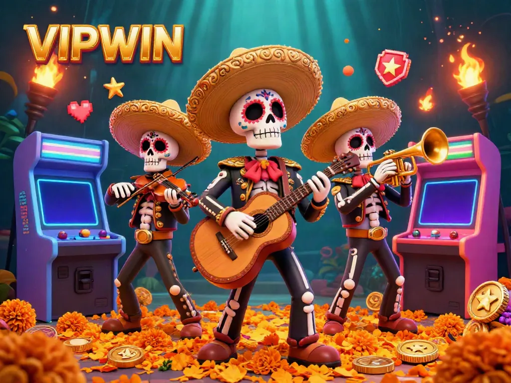 Experience thrilling gameplay at VIPWIN with a vibrant Day of the Dead mariachi band in this energetic casino scene.