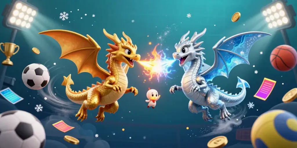 Hitclub’s dynamic gaming scene features golden and silver dragons amidst sports elements, showcasing vibrant action.