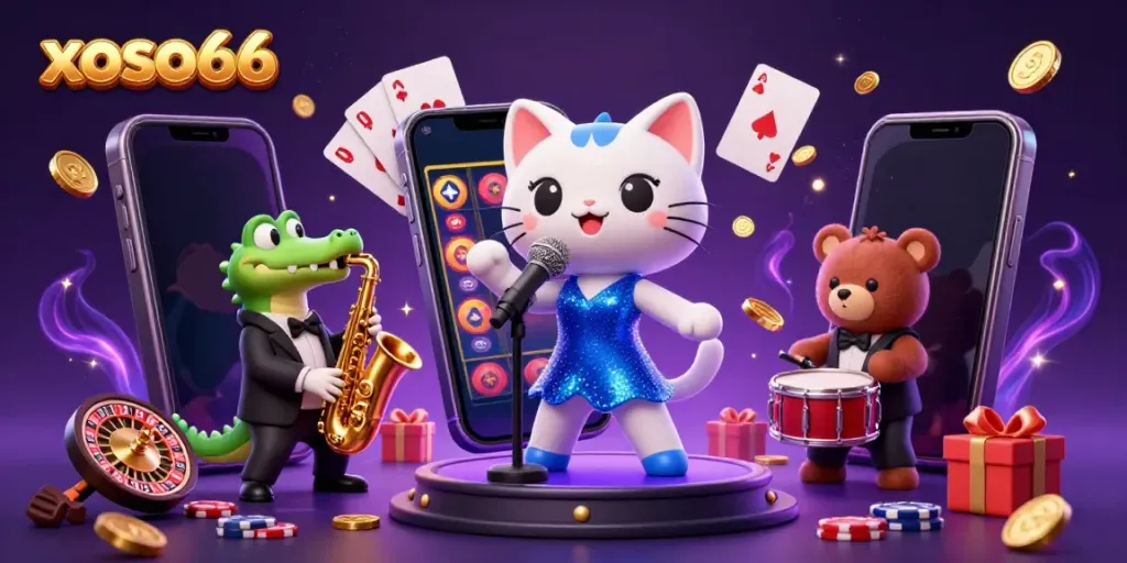 Engage with xoso66's vibrant casino scene featuring characters, slot games, and immersive visuals.