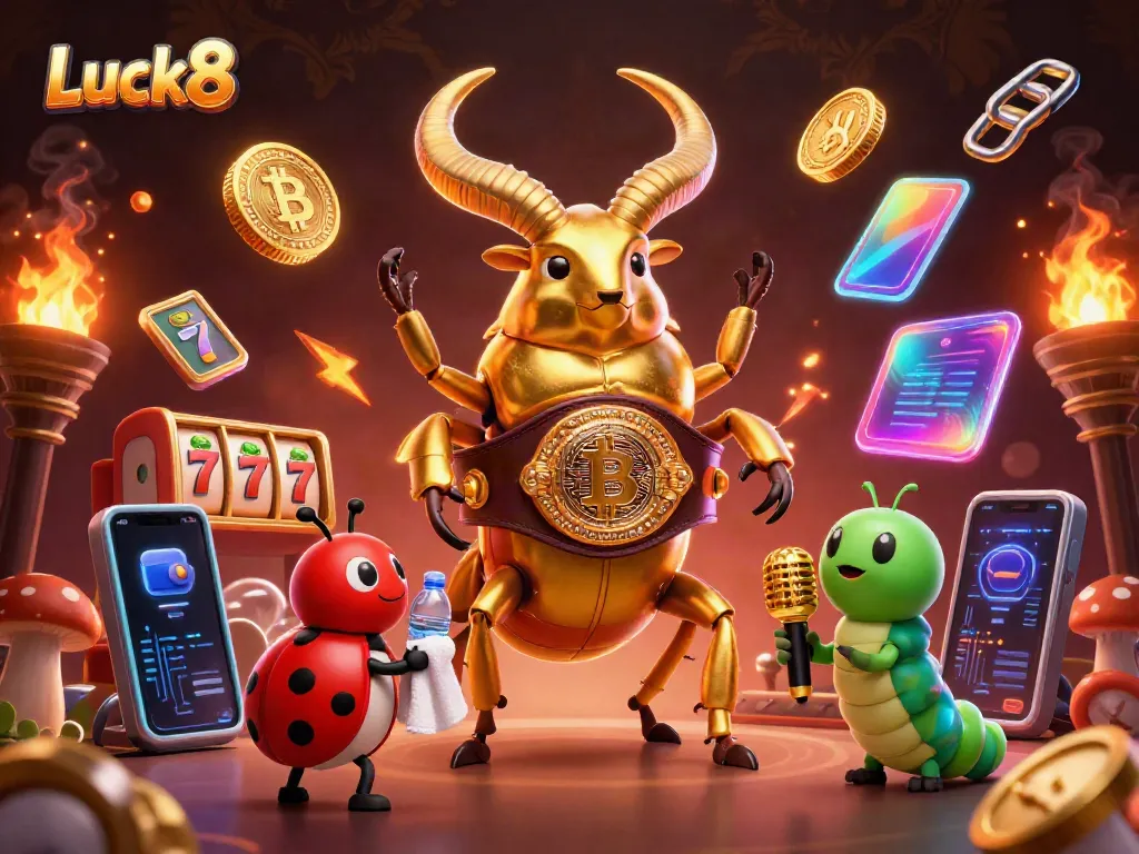 Experience thrilling action with Luck8's vibrant casino atmosphere featuring gold elements and dynamic characters.