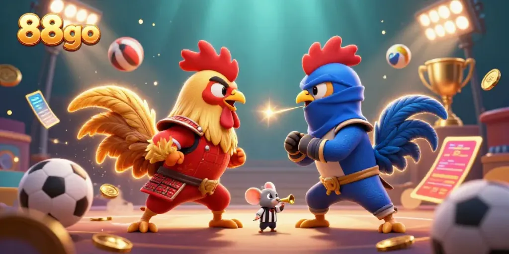 Engage with 88go's exciting rooster battle, showcasing gambling elements like sports balls and trophies.