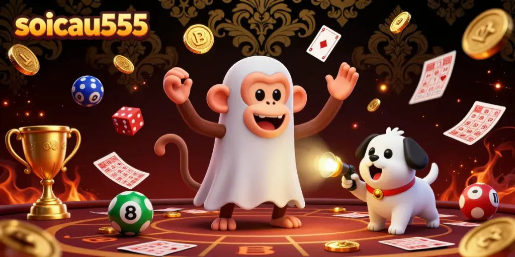 Engage with soicau555's thrilling lottery scene featuring a playful poltergeist monkey and ghost-hunter puppy.