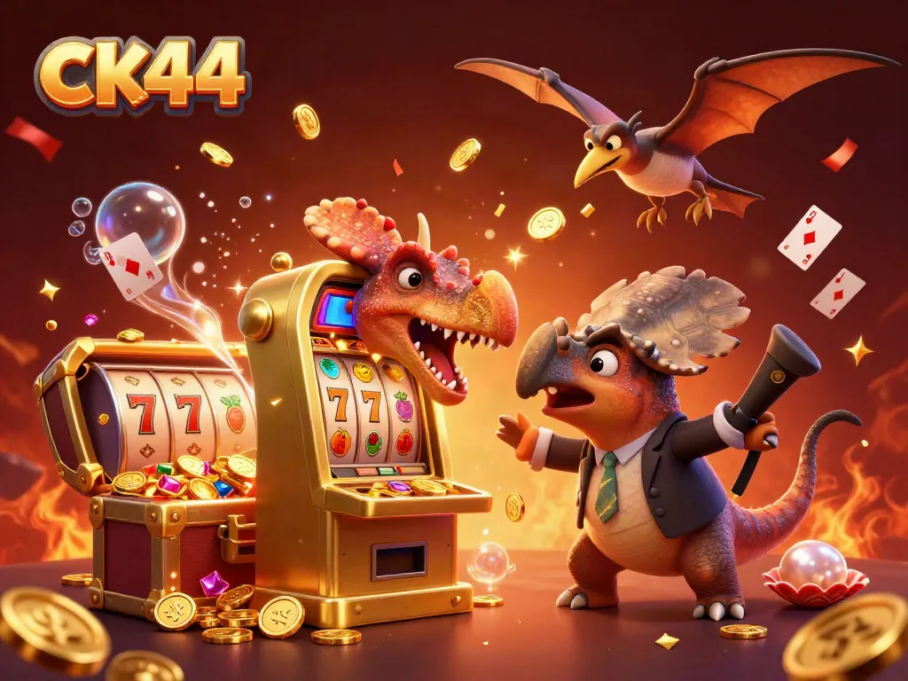 ck44 showcases a pachycephalosaurus and an ankylosaur in a thrilling casino scene, winning golden jackpot coins.