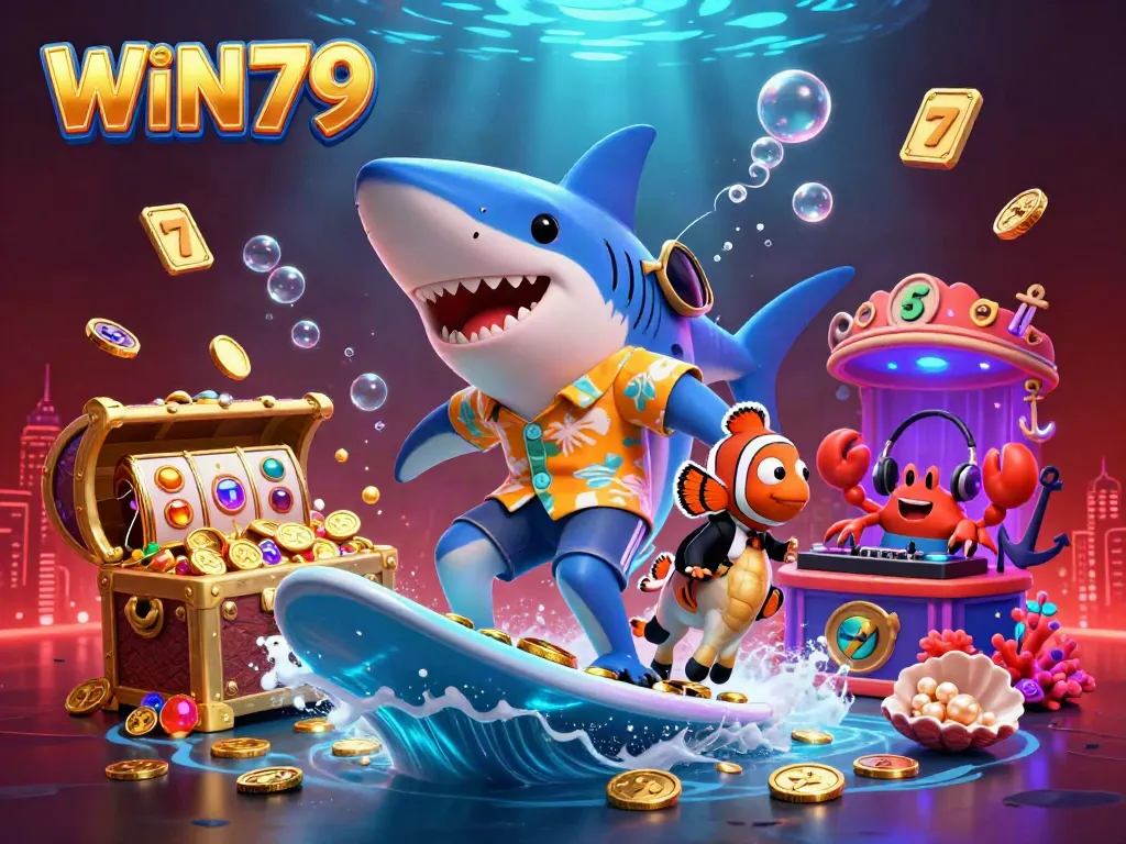 Experience the excitement of WIN79 with a cartoon shark surfing gold coins among slot reels and vibrant sea life.