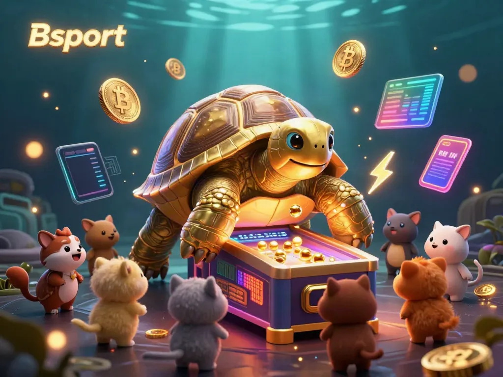 Experience thrilling games with Bsport in vibrant 3D casino environment featuring a colossal golden tortoise and crypto elements.