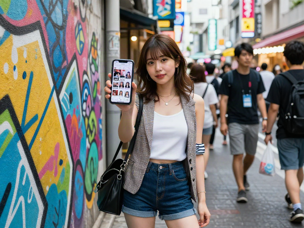 在充满活力的城市环境中，一位时尚女性自信地展示手机上的日本AV内容，吸引眼球，展现现代娱乐文化。