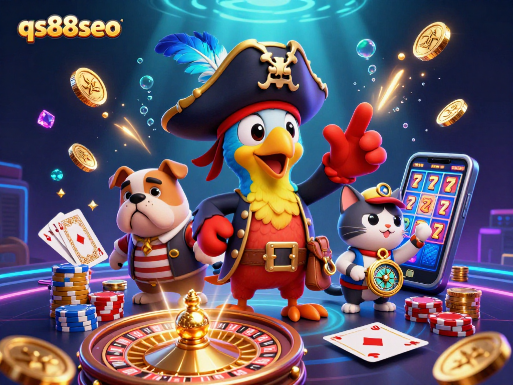 Spin the reels at qs88seo casino with vibrant pirate-themed illustration of treasure and luck.