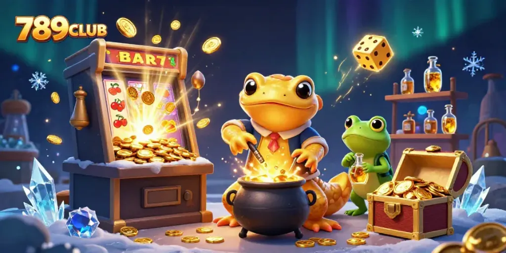 Engage with 789CLUB in this vibrant casino-themed illustration showcasing gaming excitement with dynamic 3D elements.
