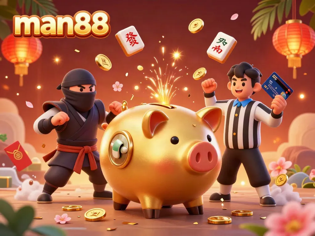 Engaging scene of man88 featuring a golden piggy bank sumo wrestler surrounded by golden coins and exciting casino elements.