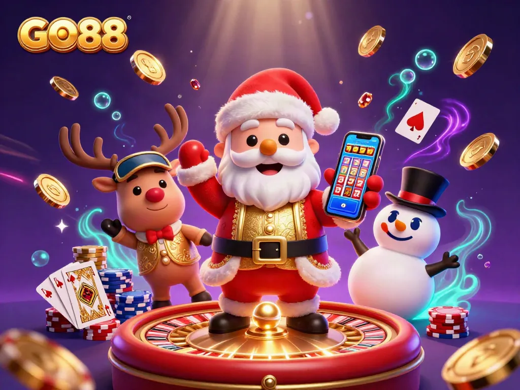 Spin to win at GO88 with Santa, a dealer reindeer, and a poker chip snowman!