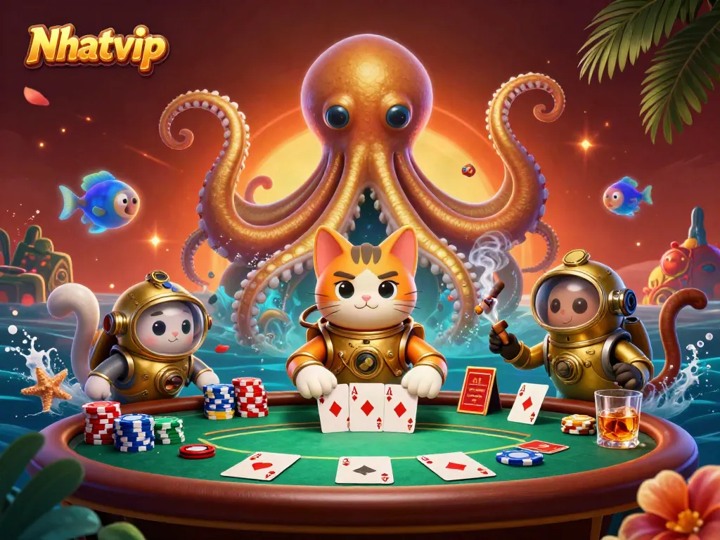 Engage with Nhatvip’s thrilling underwater scene showcasing a kraken, diving cat, and vibrant fish amidst casino elements.