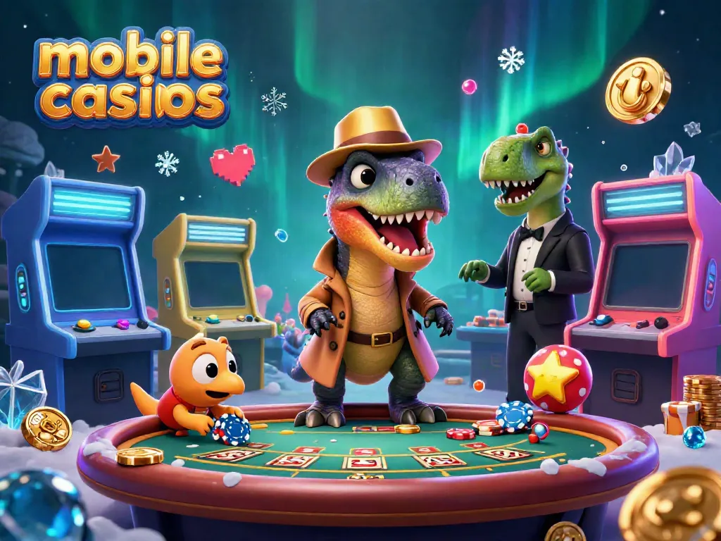 Play mobile casinos with vibrant, engaging visuals featuring dinosaur characters at a blackjack table.