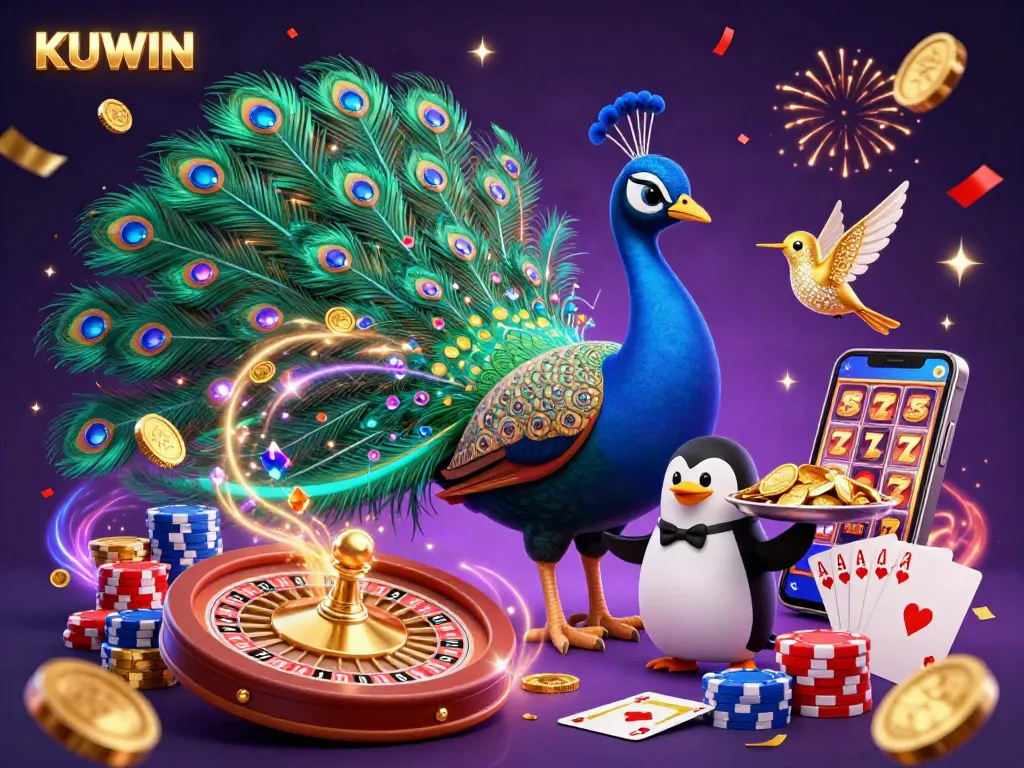 KUWIN showcases a vibrant online casino scene with a peacock, butler penguin, and a hummingbird amidst sparkling treasures and festive elements.