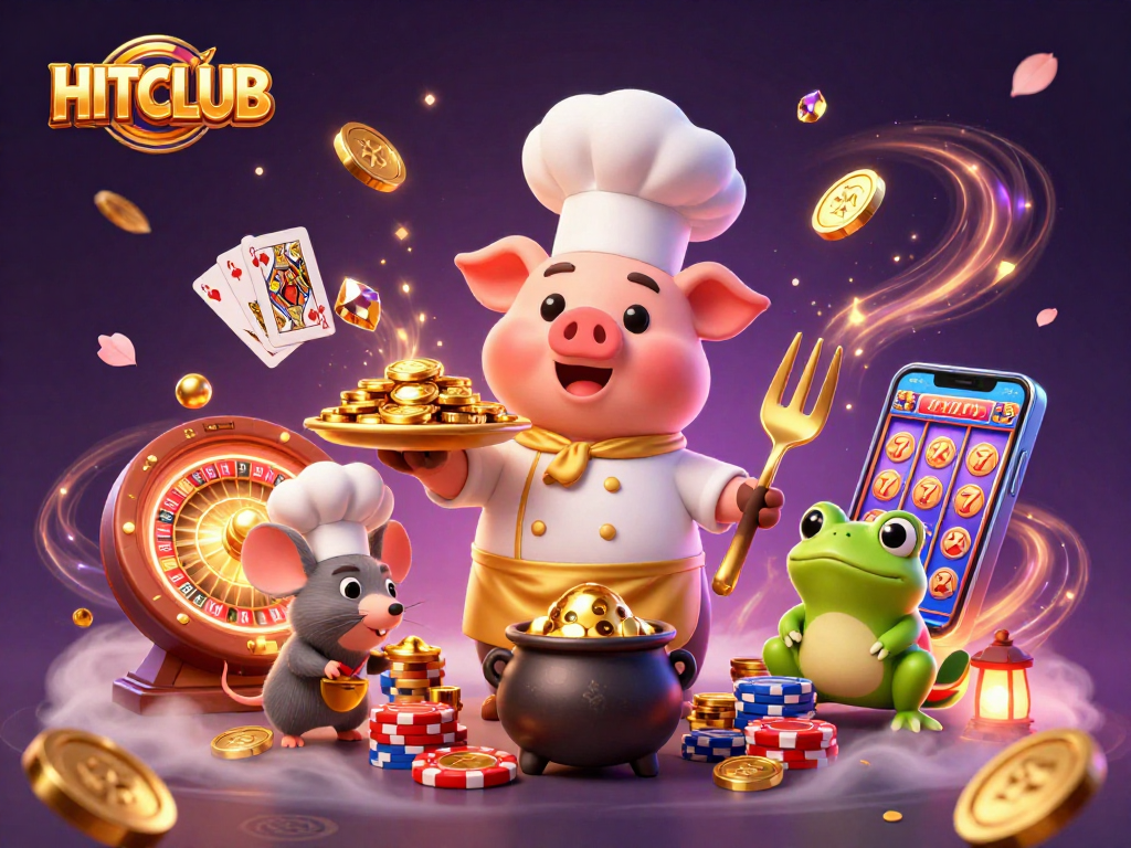 Hitclub brings vibrant casino excitement to life with chef pig serving gold coins, perfect for gamers.