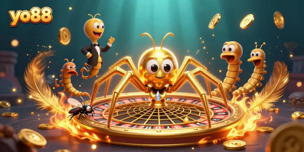 Experience thrilling bets at yo88 with a golden web roulette spin under dramatic lighting.