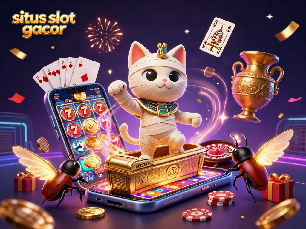 Experience the excitement of situs slot gacor with a vibrant 3D casino scene featuring a mummy cat and scarab.