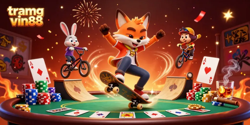 Engage with tramg chủ vin88 in a vibrant casino scene featuring characters and gaming elements.