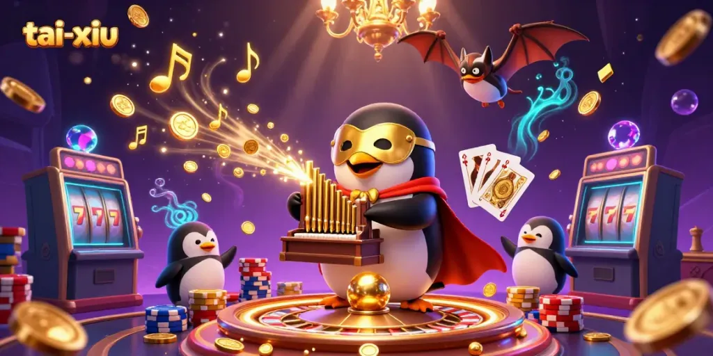 Experience the thrilling world of tai-xiu as a whimsical penguin plays with golden coins and casino elements.