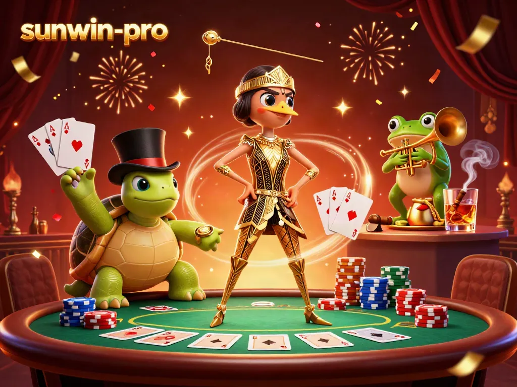Join the excitement at sunwin-pro with vibrant gambling characters and a dynamic casino setting.