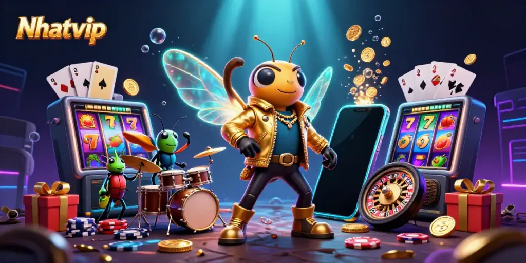 Nhatvip showcases an electrifying scene with a cicada rock star and animated gaming elements.
