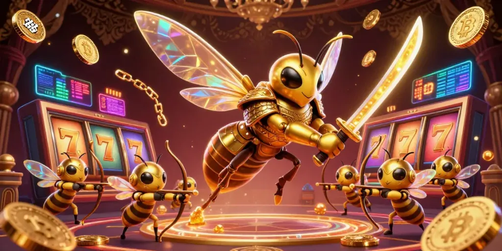 Engage in thrilling gambling experiences with uu88ae as a golden hornet samurai leads bee archers amidst vibrant casino elements.