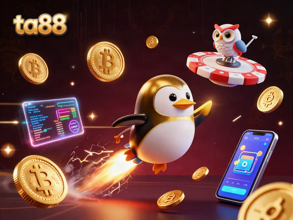 Experience ta88's thrilling casino adventure with a rocket-powered penguin and glowing crypto elements.