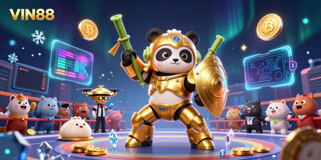 Experience thrilling games at VIN88, featuring action-packed casino elements in a vibrant 3D illustration.
