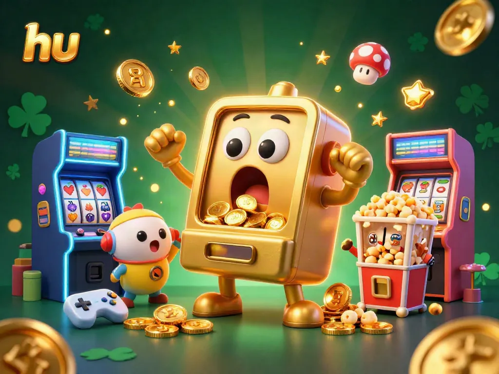 Experience thrilling wins with hu as a golden slot machine hits a jackpot surrounded by cheering machines.