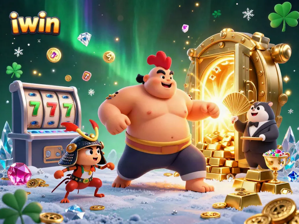 Experience exciting iwin casino fun with vibrant characters celebrating a jackpot amidst dazzling gold and gems.