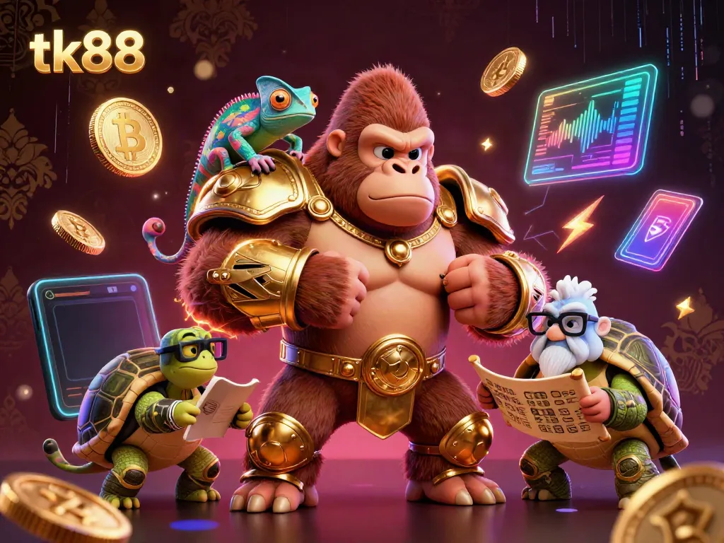 Engage with the immersive tk88 casino world through a powerful gorilla king and dynamic characters, surrounded by vibrant gaming elements.