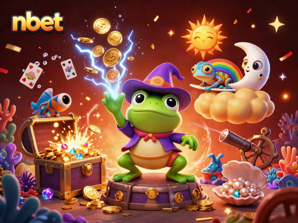 Engage with nbet: A vibrant scene featuring whimsical characters amidst a storm of golden coins.