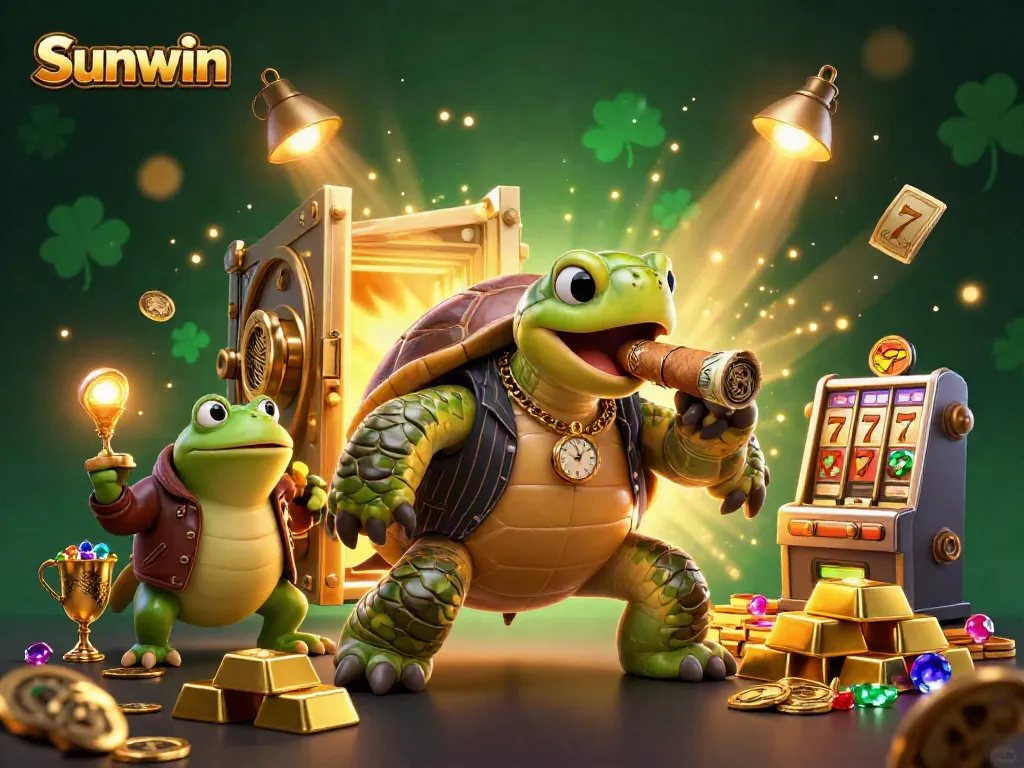 Experience the excitement of Sunwin with a vivid 3D scene showcasing a turtle mobster amidst slot reels and treasure.