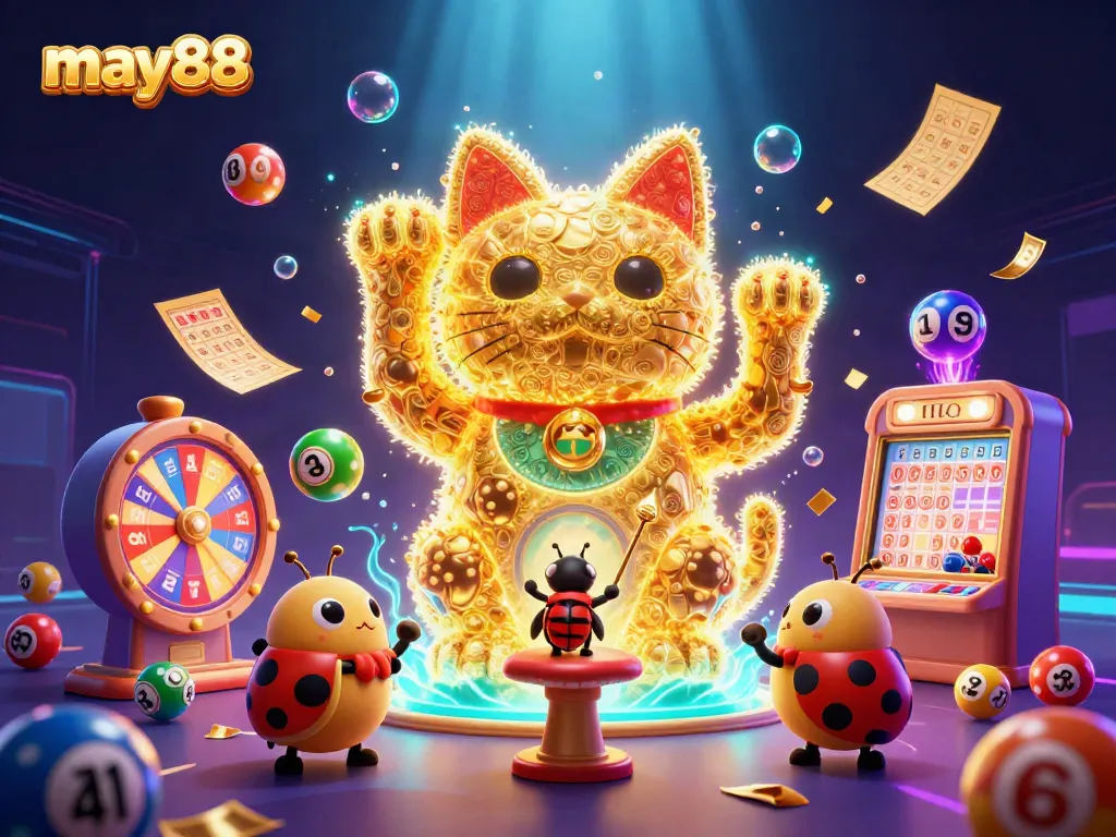 Engage with may88 through vibrant casino-themed illustration featuring symbols, games, and excitement.