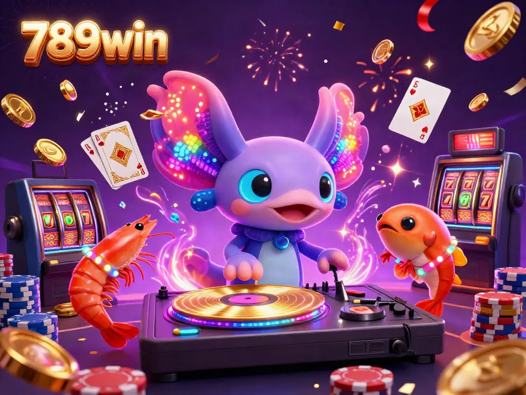 Experience the excitement of 789win with an ultra-detailed 3D illustration of a neon axolotl DJ and diverse casino games.